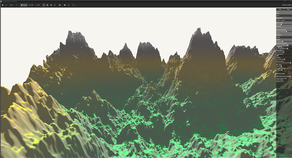 2048-resolution terrain with jagged mountain spires and eroded valleys, navy blue sky